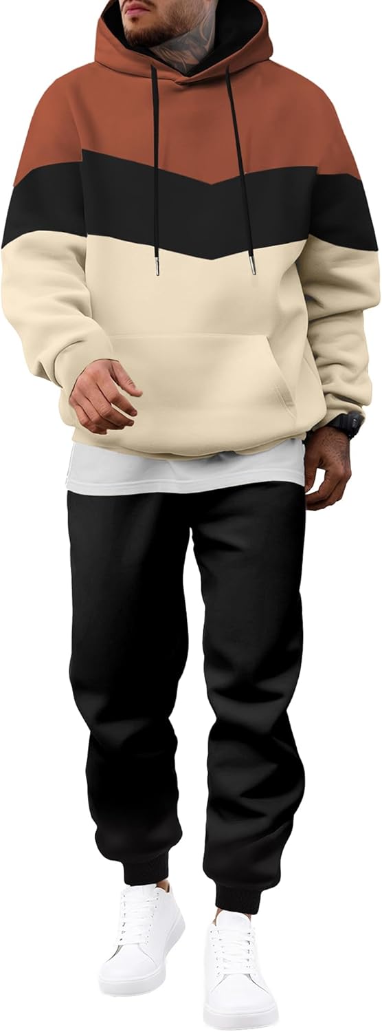 Men's Hoodie Tracksuit 2 Pieces Set Novelty Color Block Pullover Fleece Hoodies Long Sleeve Casual Sweatshirt