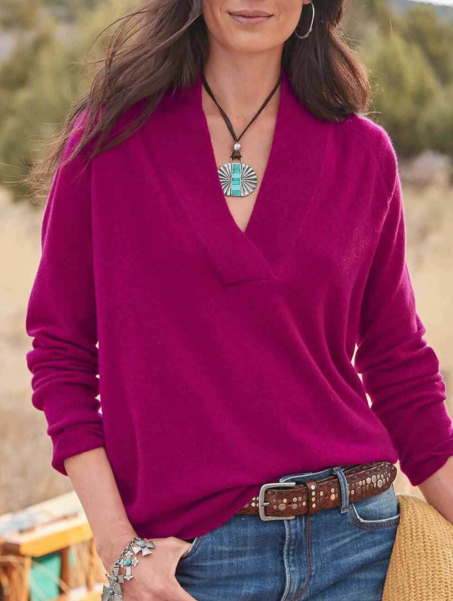 V-neck solid color loose long-sleeved top for women_CWOSWL09206