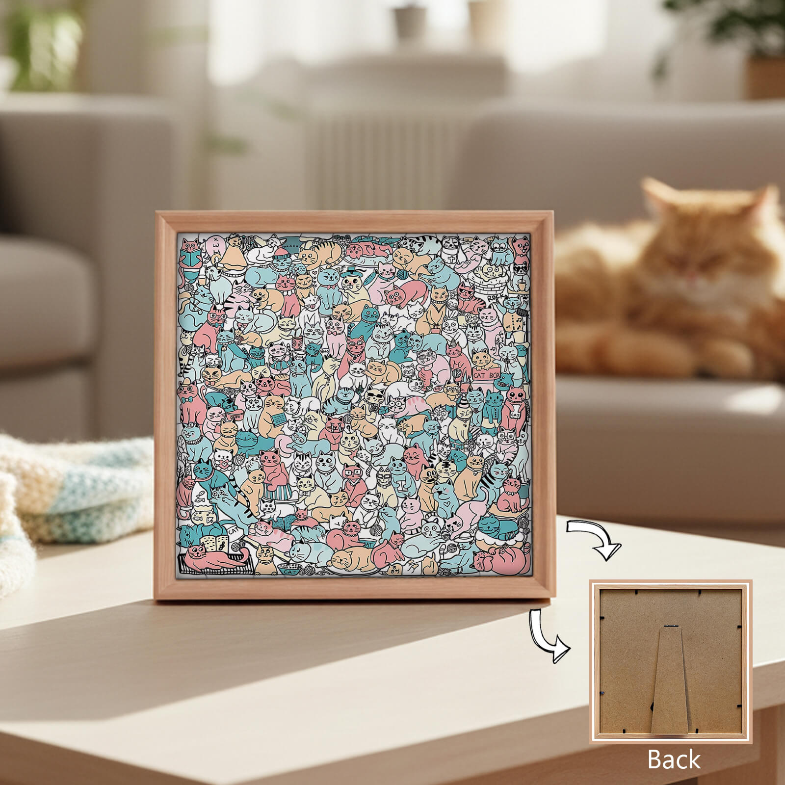 175 Pcs Morandi-Colored Cute Cat Shaped Square Wooden Jigsaw Puzzle