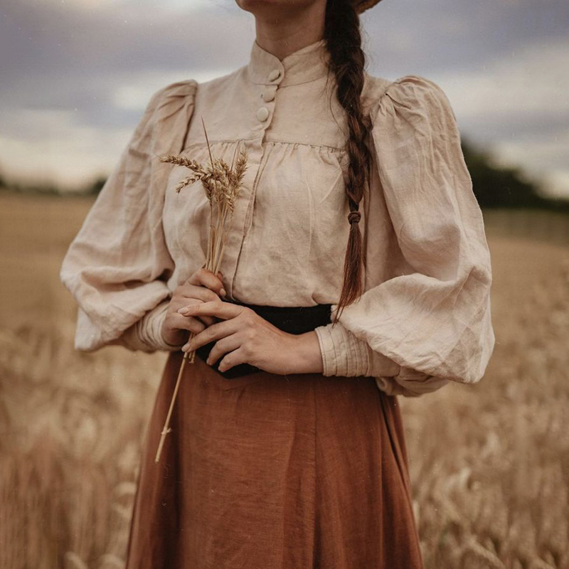 Vintage Button Puff Sleeve Comfy Long Sleeve Shirt e6d6