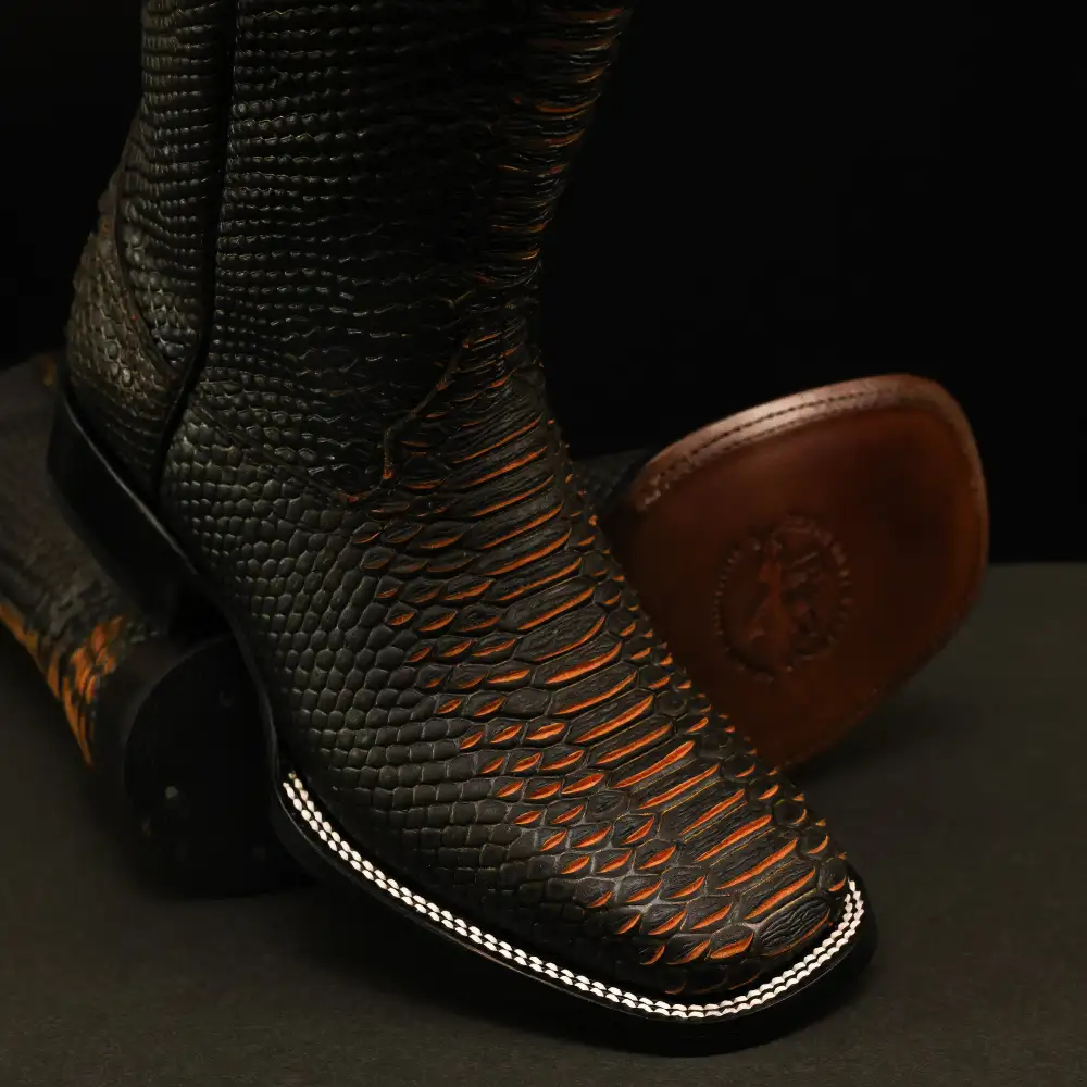 Matte Black Python Leather Boots - Square Toe