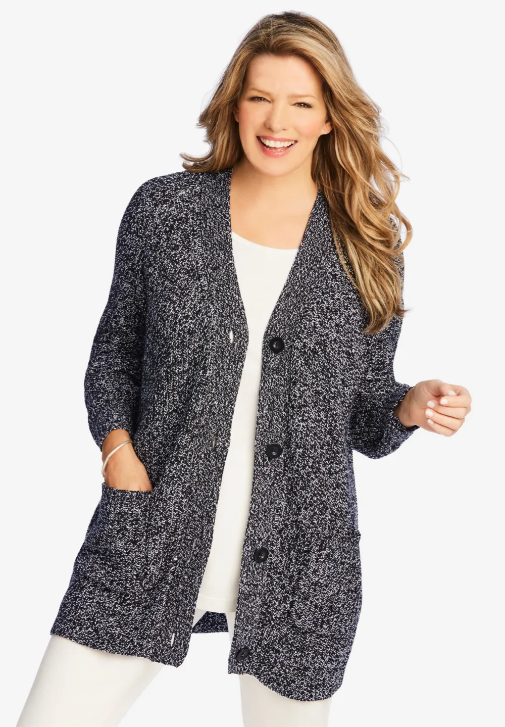 Button-Front Shaker Cardigan
