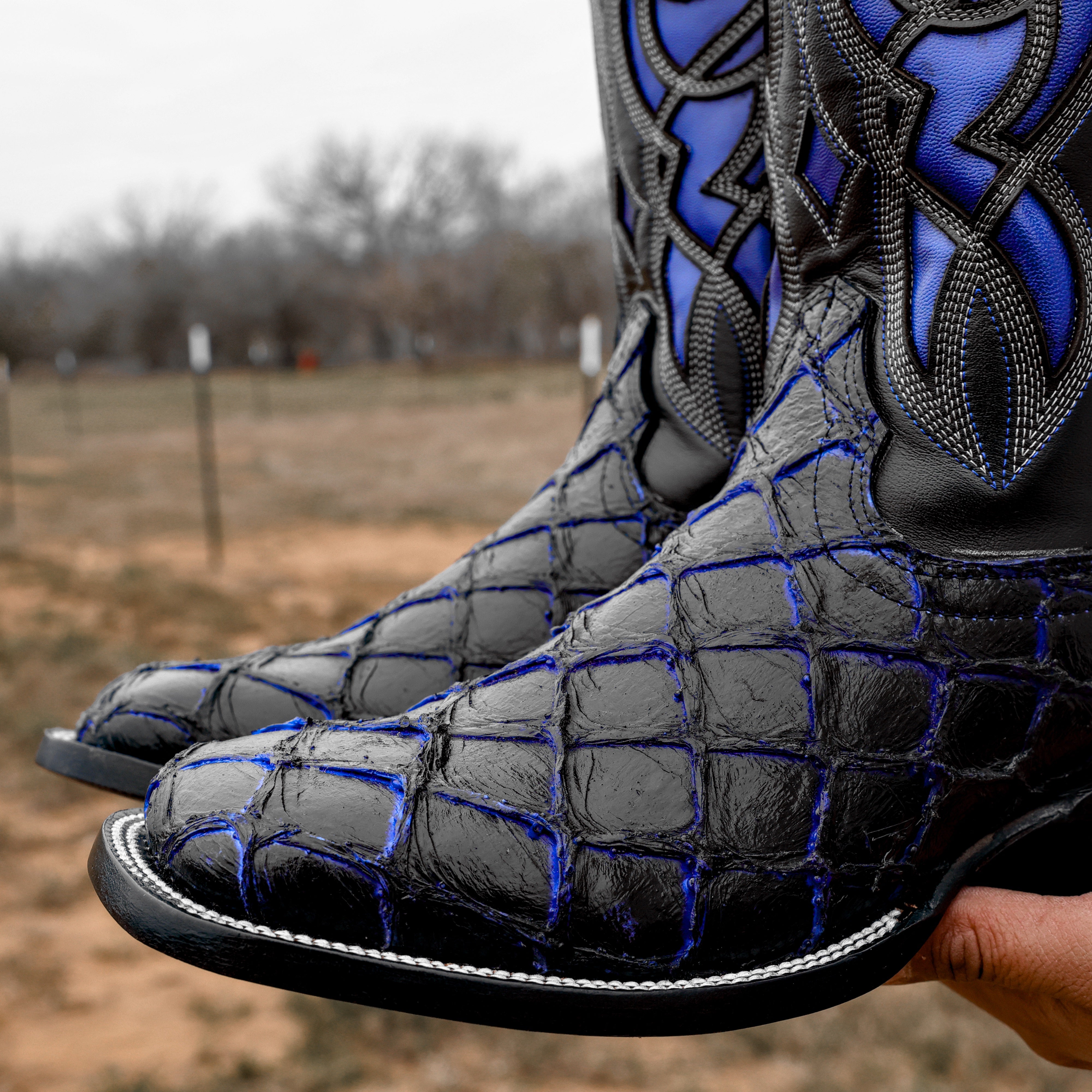 Black/Blue Pirarucu Leather Boots - Square Toe