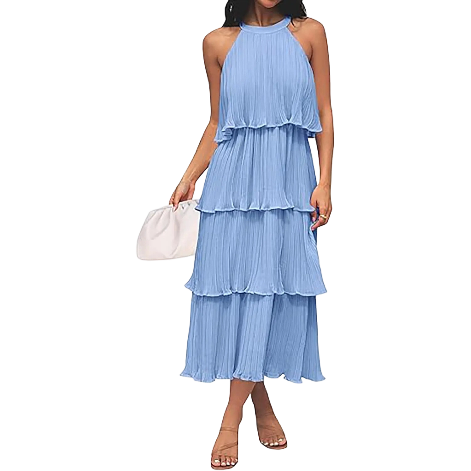 Women's Halter Neck Tiered Ruffle Chiffon Midi Dress