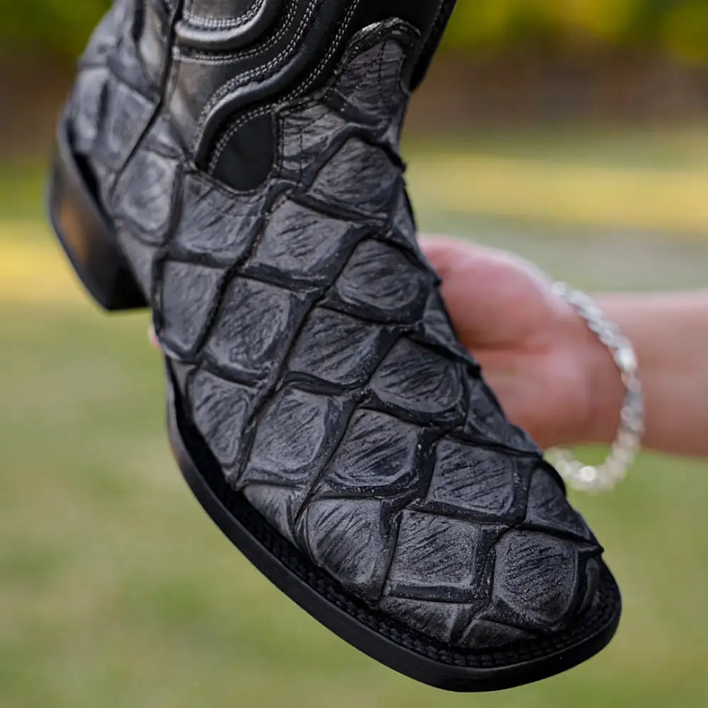 Meteorite Grey Rustic Pirarucu Leather Boots - Square Toe