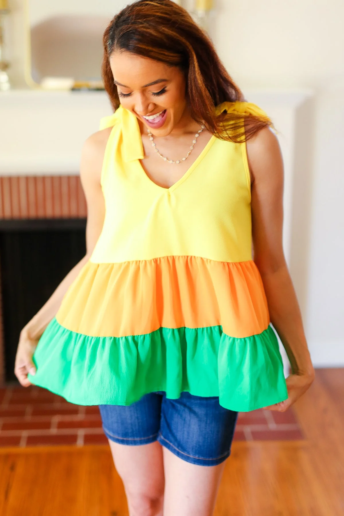 Tiered Shoulder Tie Crepe Top in Yellow & Tangerine