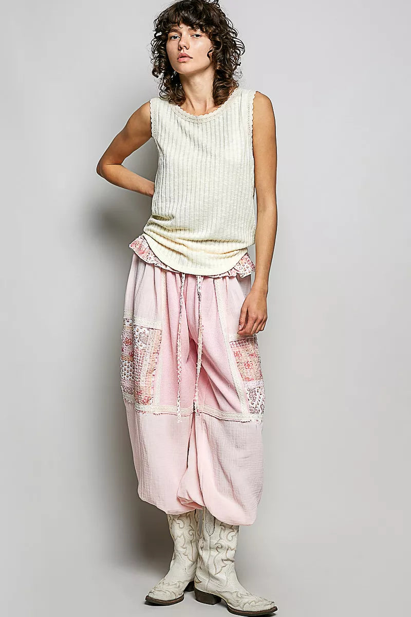 POL Ribbed Round Neck Tank with Lace Trim