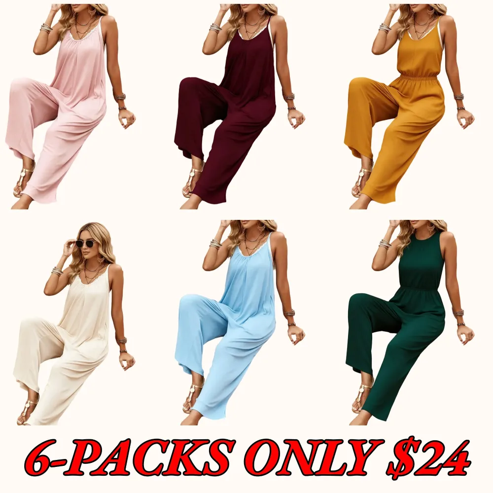 Women's Solid-Color Pleated Pocket Backless Loose-Fit Fashion Spaghetti-Strap Jumpsuit