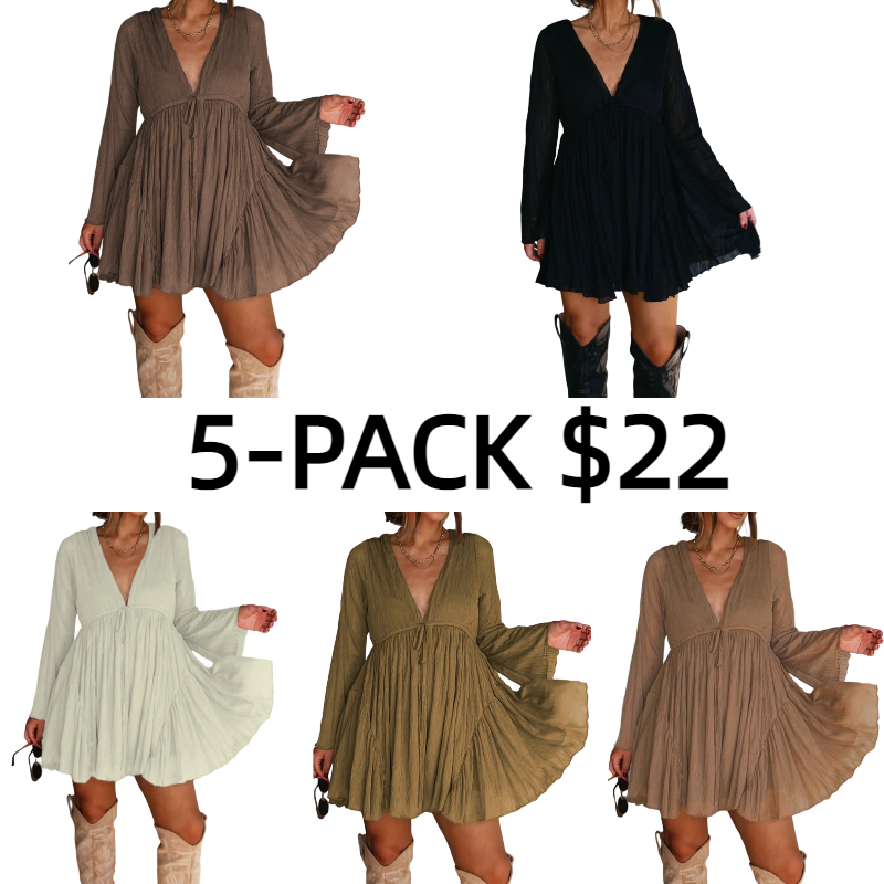 Women's V Neck Long Sleeve Dress with Pants Lining