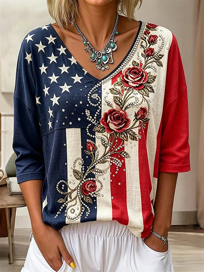 Women'S Cotton And Hemp Patriotic Flower Independence Day Commemorative Print V-Neck Five Quarter Sleeve T-Shirt
