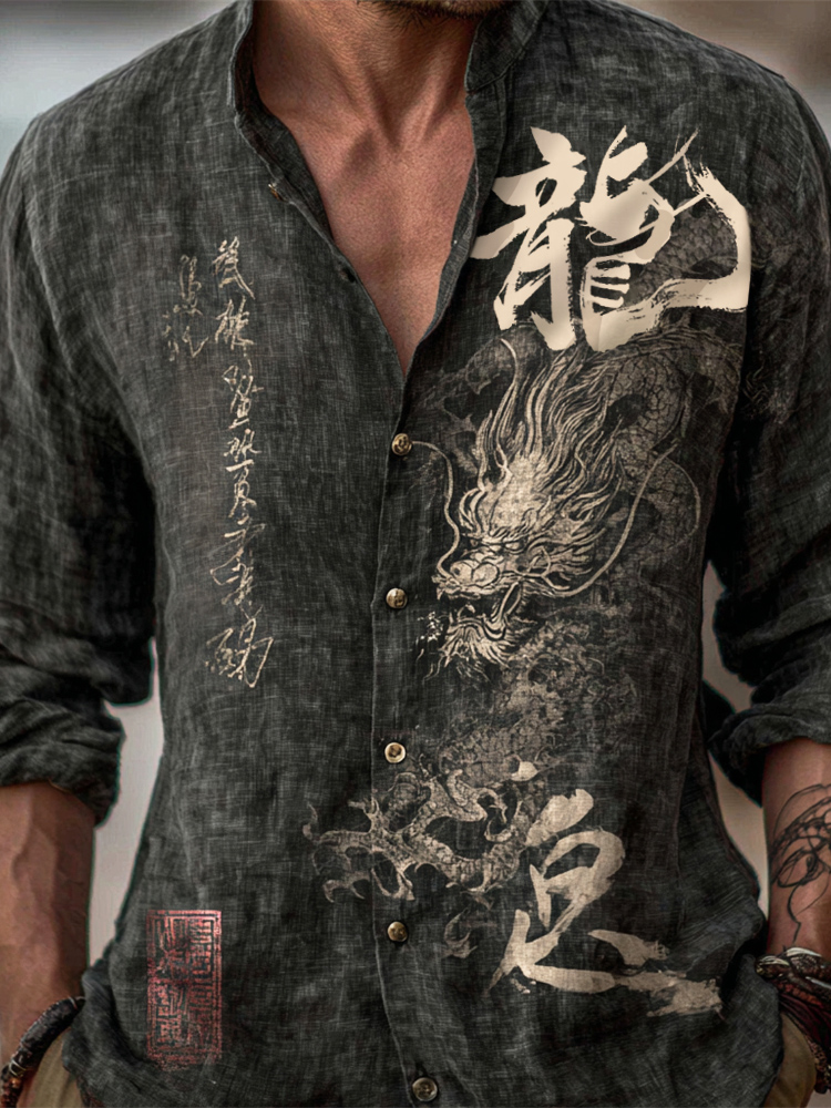 Japanese Zen-inspired Dragon Calligraphy Print Men's Linen Long-sleeve Shirt