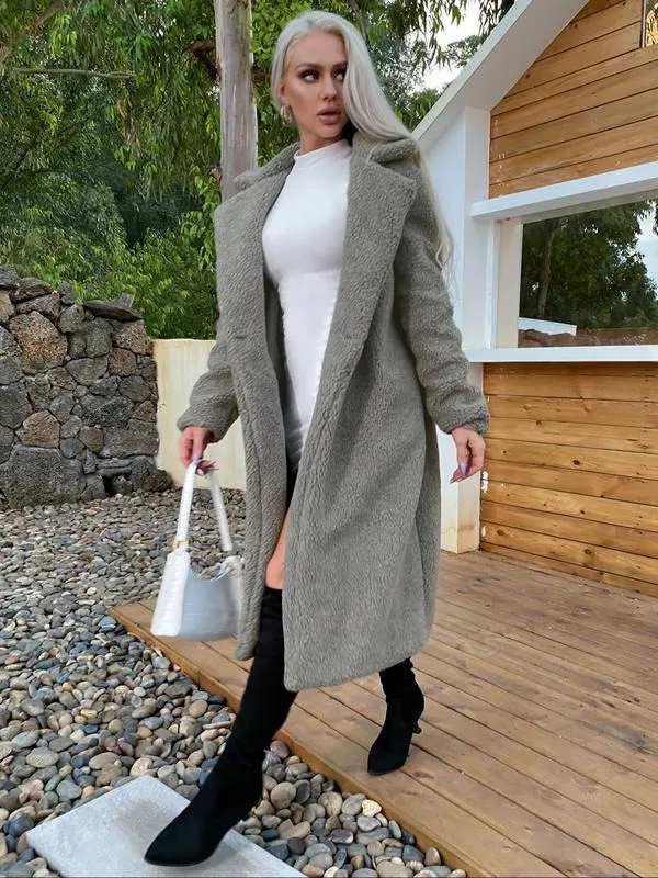 Women's Plain Pocket Button Front Faux Fur Coat