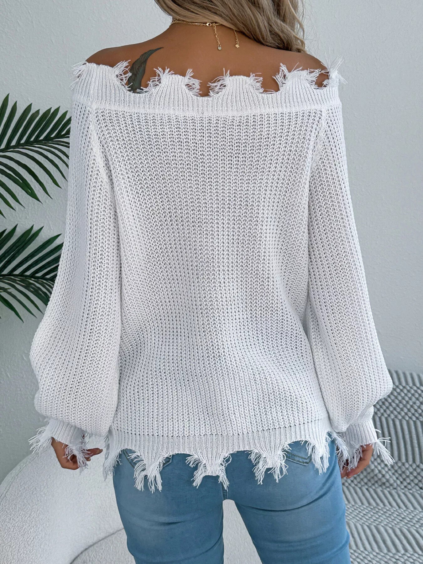 Distressed Hem Openwork Off-Shoulder Sweater