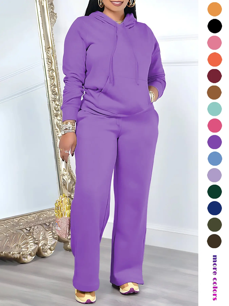 🔥Two-Piece Set Women's Solid Drawstring Hoodie & High Waist Pants Set, Casual Long Sleeve Pocket Hooded Sweatshirt & Straight Leg Trousers for Spring & Fall, Ladies' Clothes for Daily Wear