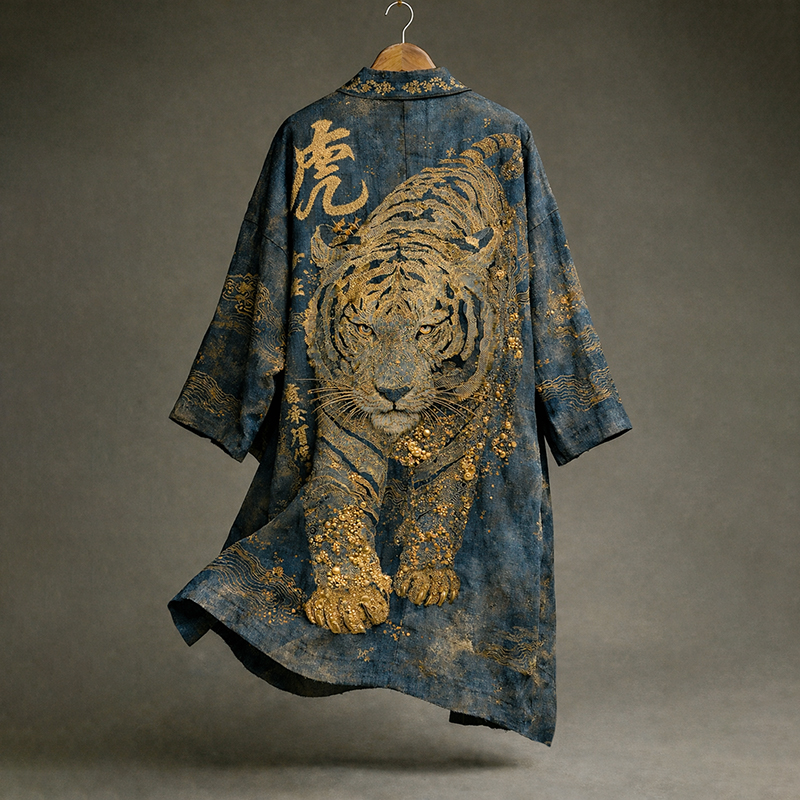 Retro Japanese Calligraphy Tiger Art Pattern Casual Linen Blend Kimono
