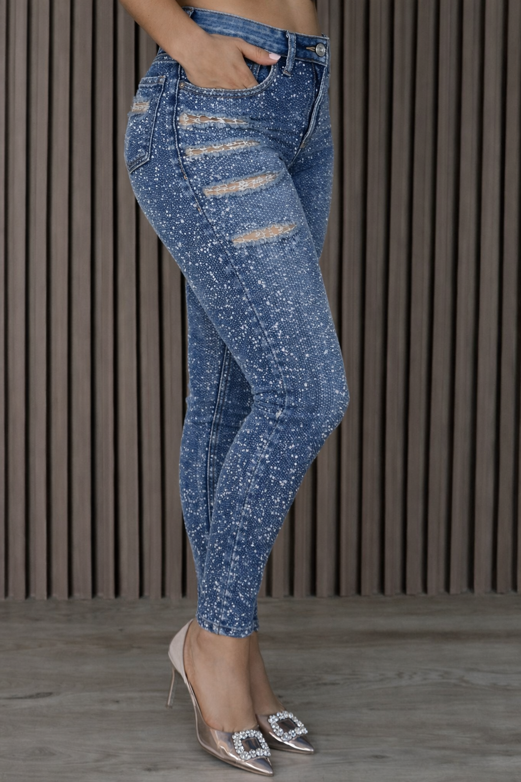 Women's Ripped High-elasticity Hot-fix Rhinestone Skinny Jeans