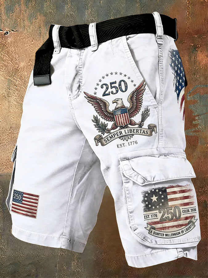 Men'S Retro American Independence Day Anniversary Printed Workwear Shorts (Excluding Waistband)