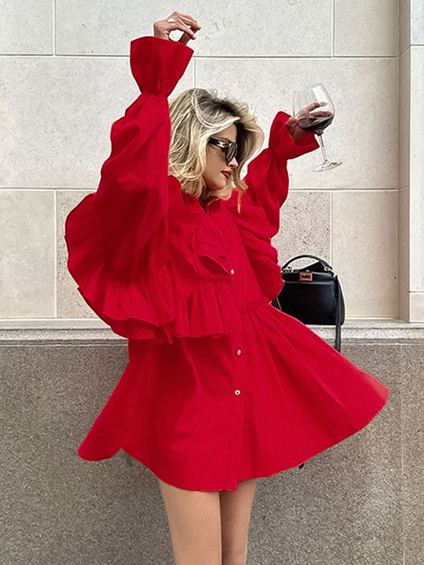 Asymmetric Buttoned Elasticity Layered Ruffled Solid Color High-Low Long Sleeves Lapel Mini Dresses