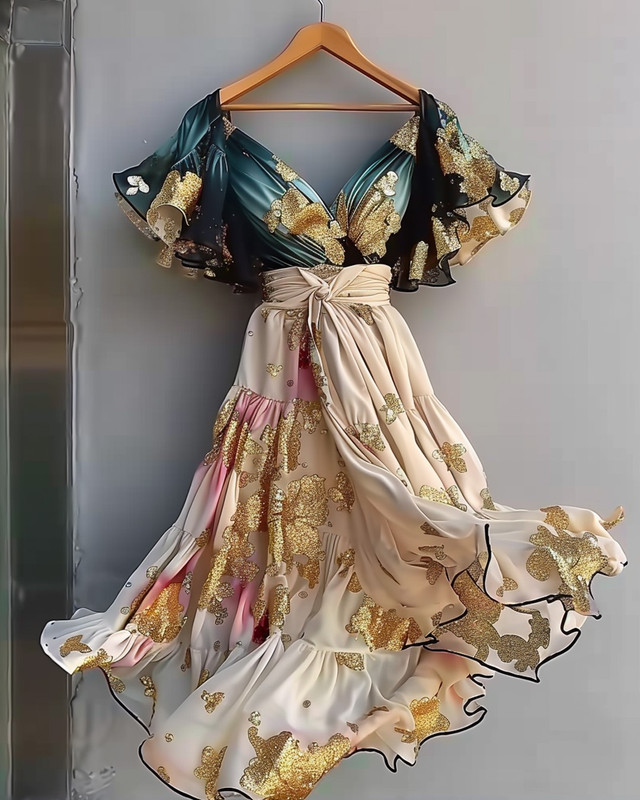 Summer vacation handmade gilded chiffon dress  0542