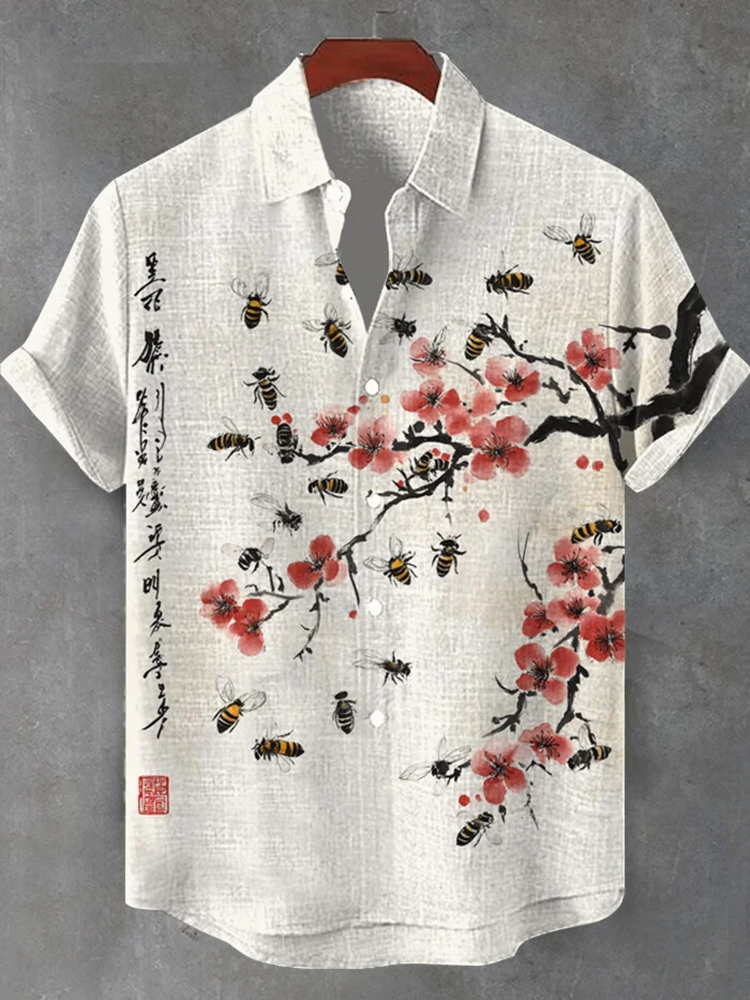 Men's A Bunch Of Bees Surround A Red Plum Blossom Art Print Short Sleeve Shirt