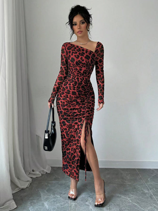 New Women's Round Neck Long Sleeve Leopard Print High Waist Hottie Dress