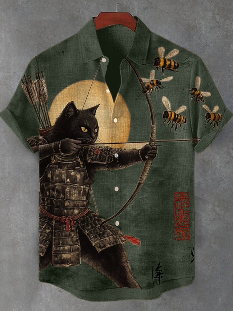 Men's Black Cat Tribal Warrior Japanese Kyudo Print Short Sleeve Shirt