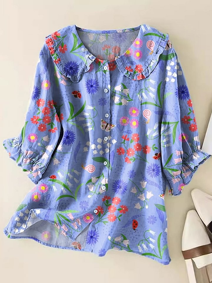 Women's Vintage Colorful Floral Pattern Art Print Casual Cotton And Linen 3/4 Sleeve Shirt