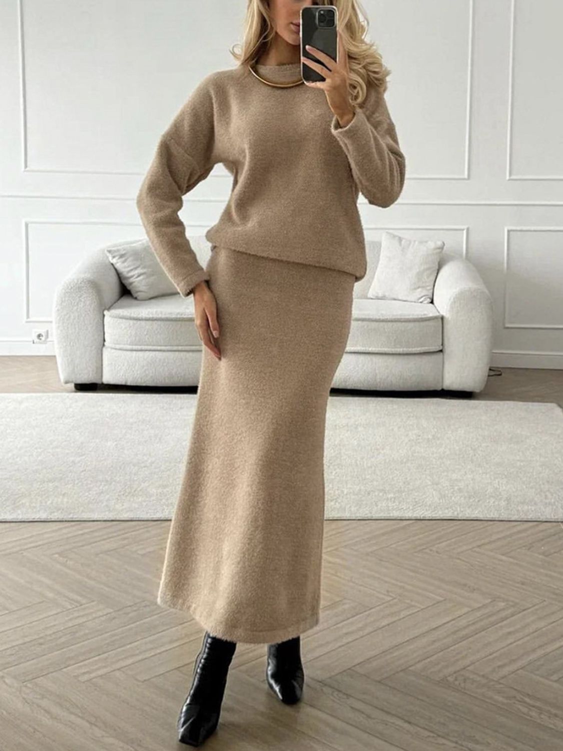 Round Neck Dropped Shoulder Top And Midi Skirt Sweater Set