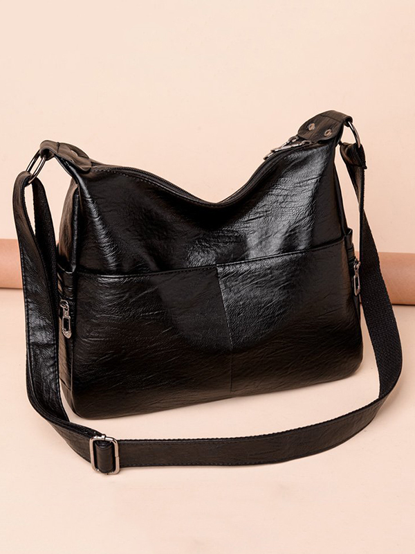 Vintage Solid Color Split-Joint Leather Shoulder Bag