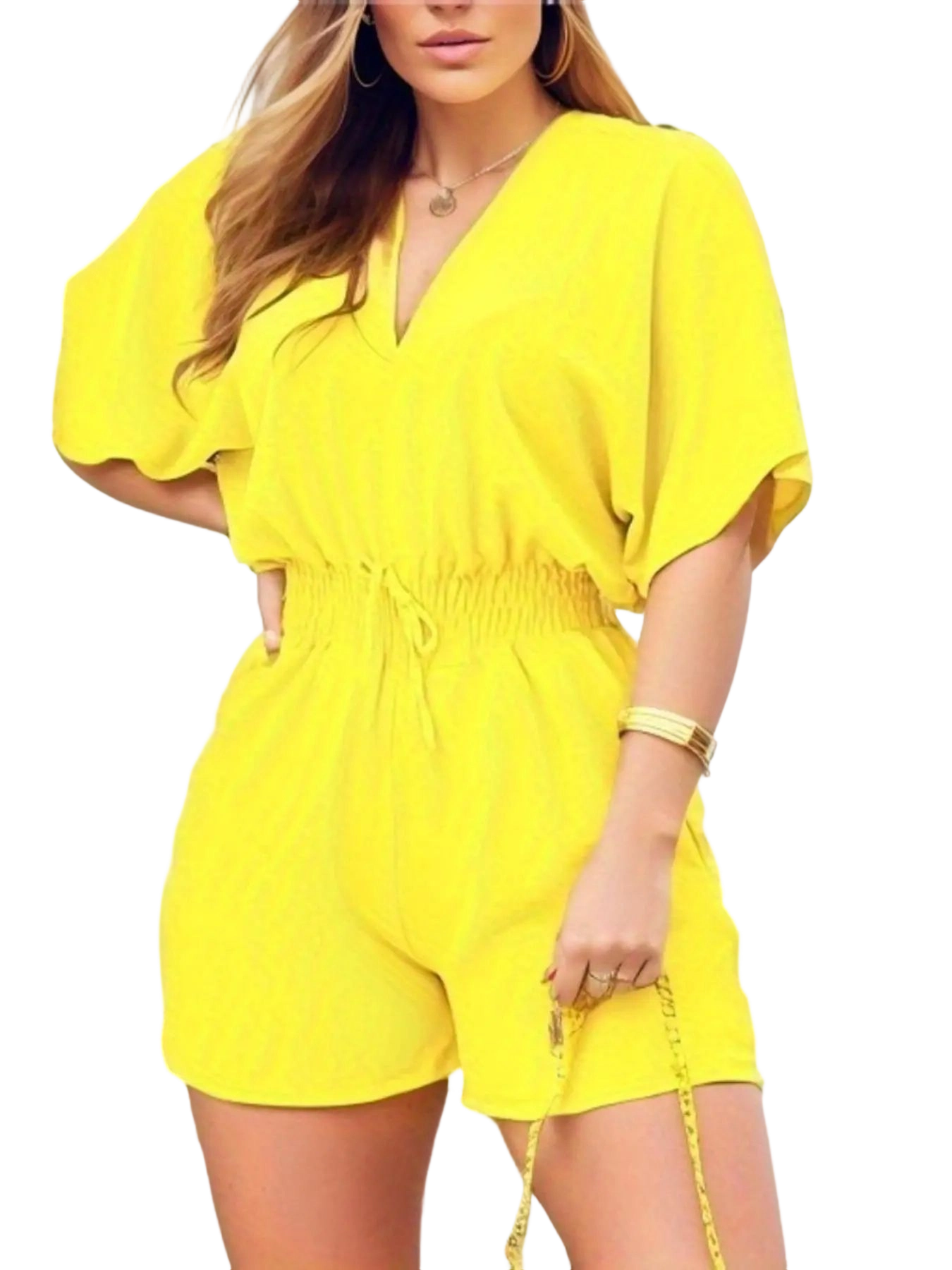 Women's Plain Drawstring Shirred Waist V Neck Romper