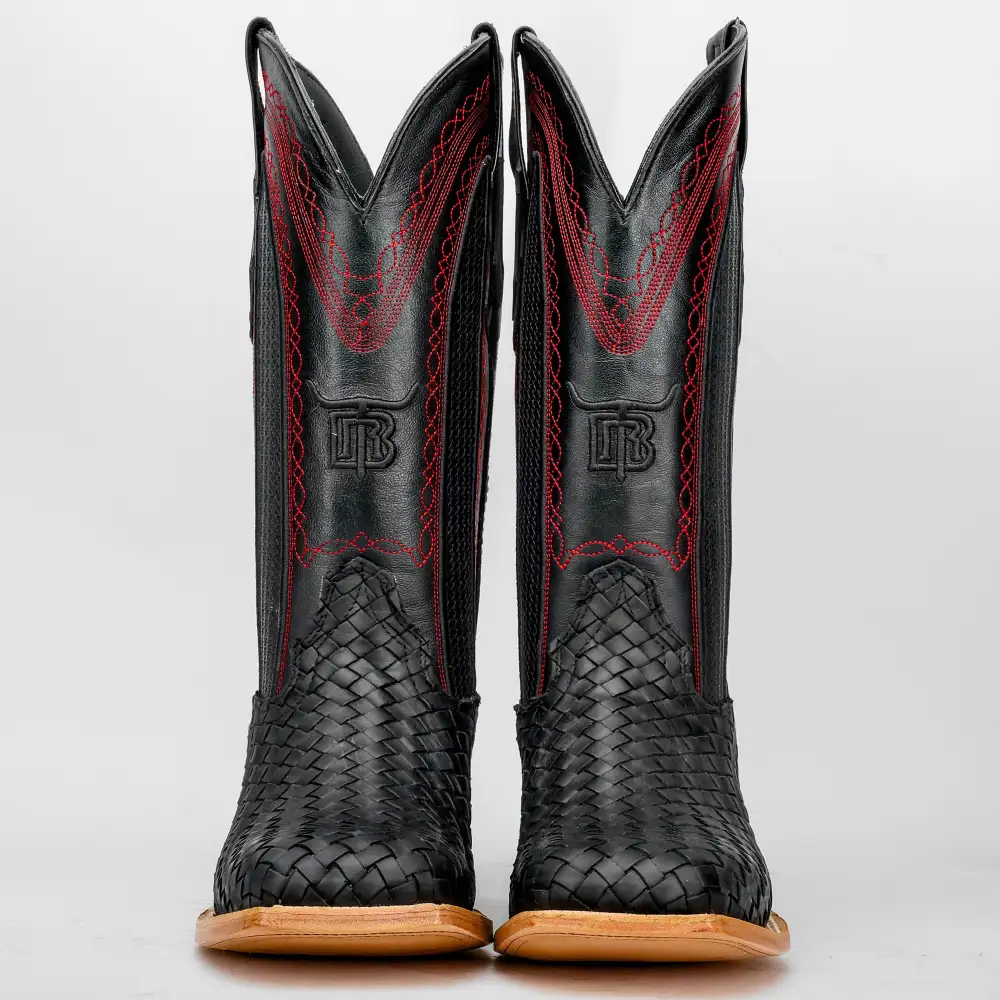Black Basketweave Leather Boots - Square Toe