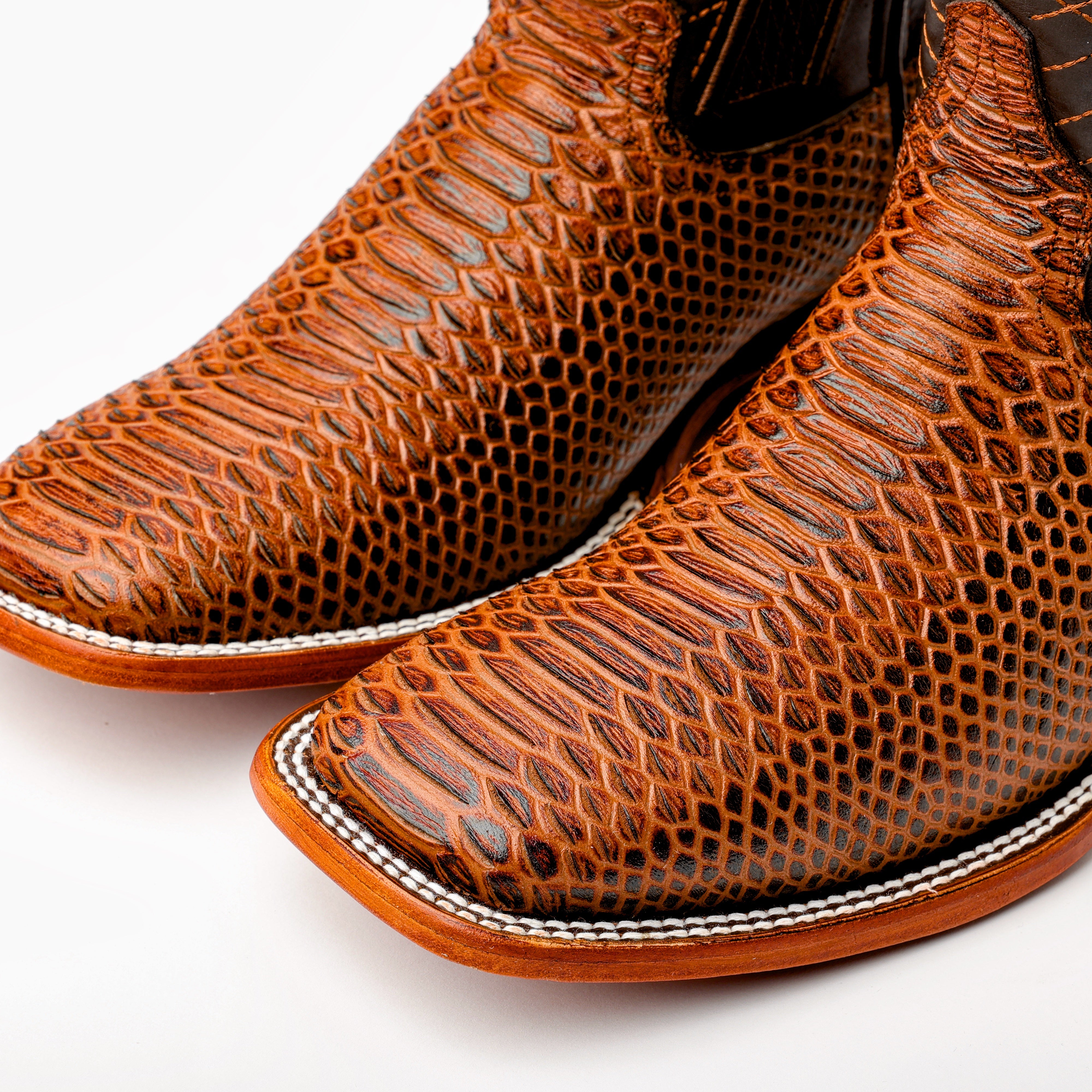 Cognac Python Leather Boots -Square Toe
