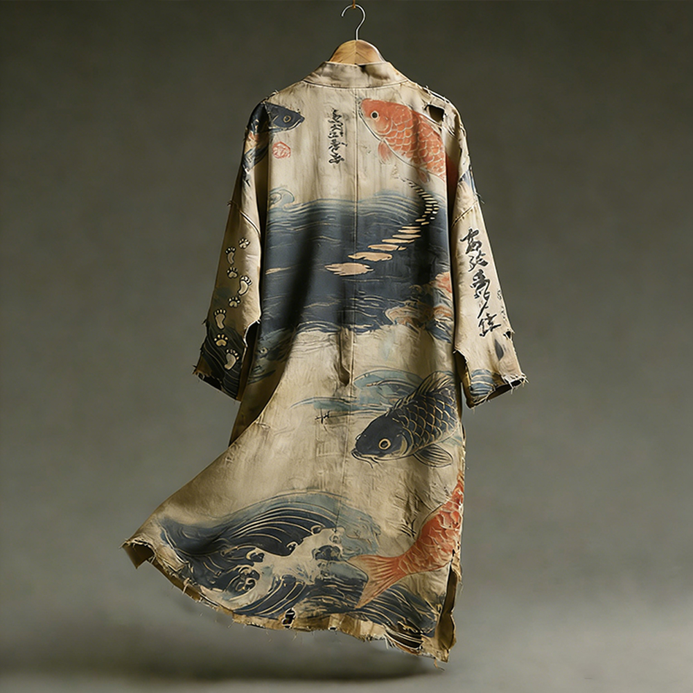 Japanese Carp And Marine Art Vintage Kimono