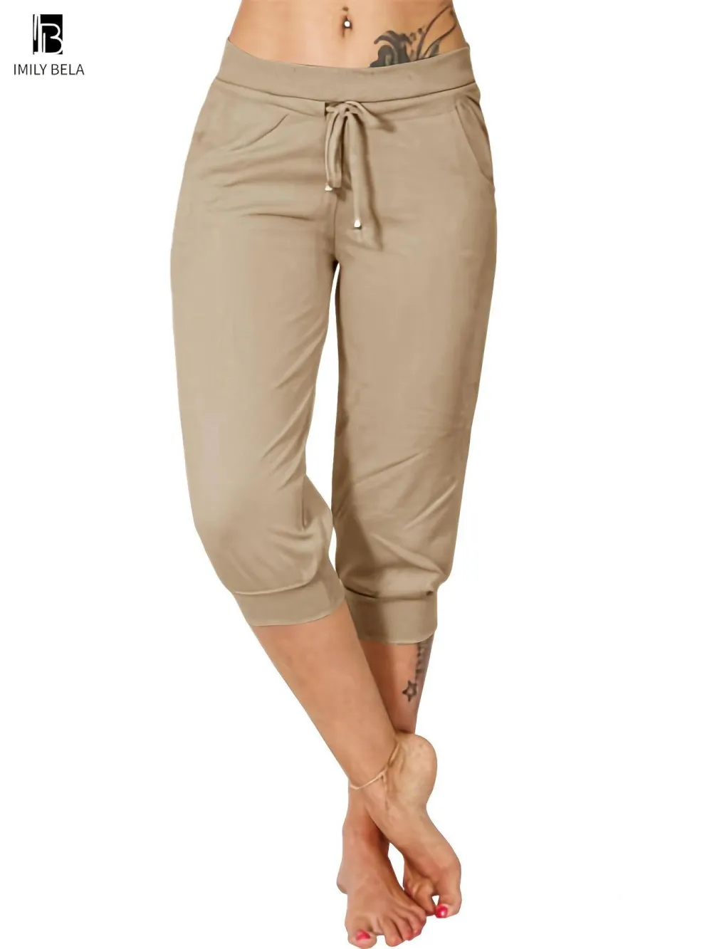 Women's Plain Drawstring Waist Capris Pants, Casual Pocket Trousers for Daily Wear