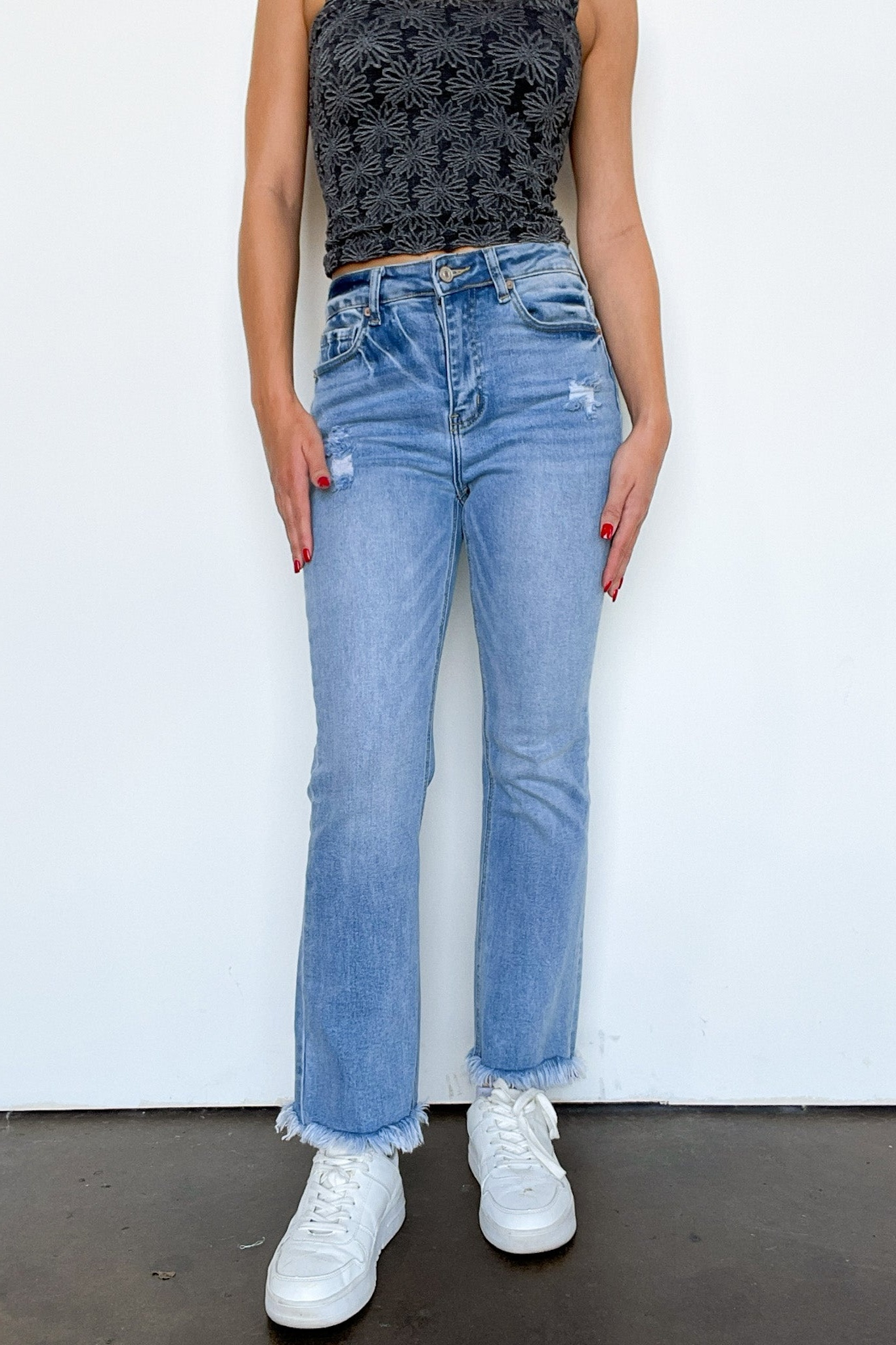 High Rise Raw Hem Straight Jeans