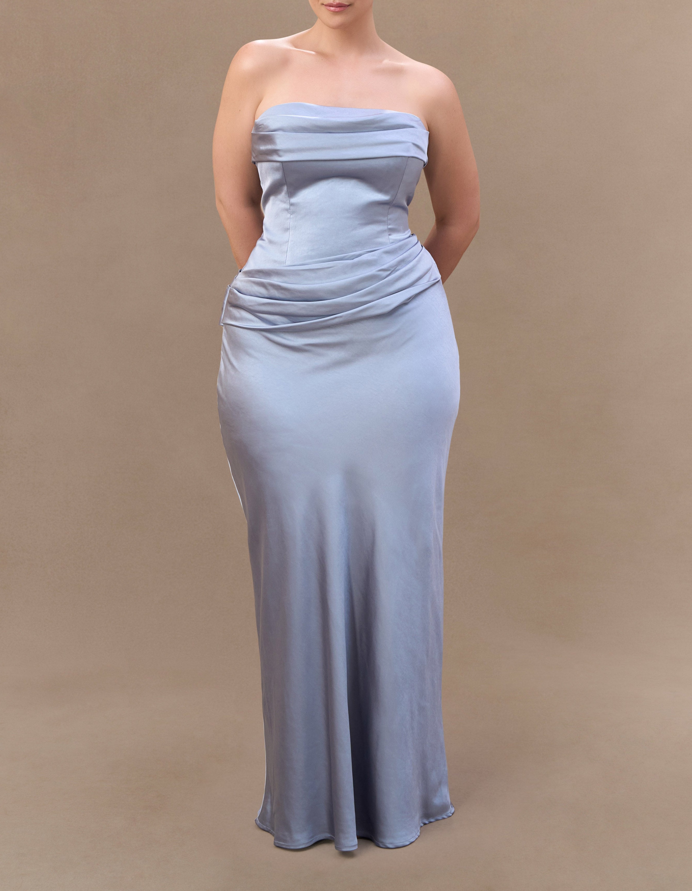 Blue Strapless Satin Maxi Dress