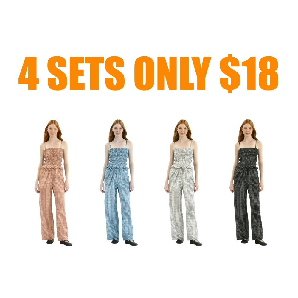 Plaid Seersucker Smocked Cami Top and Pants Set