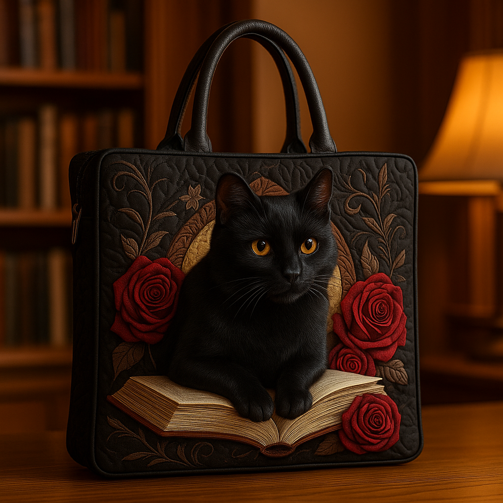 Tales of Midnight — 3D Black Cat Quilted Tote Bag ✨