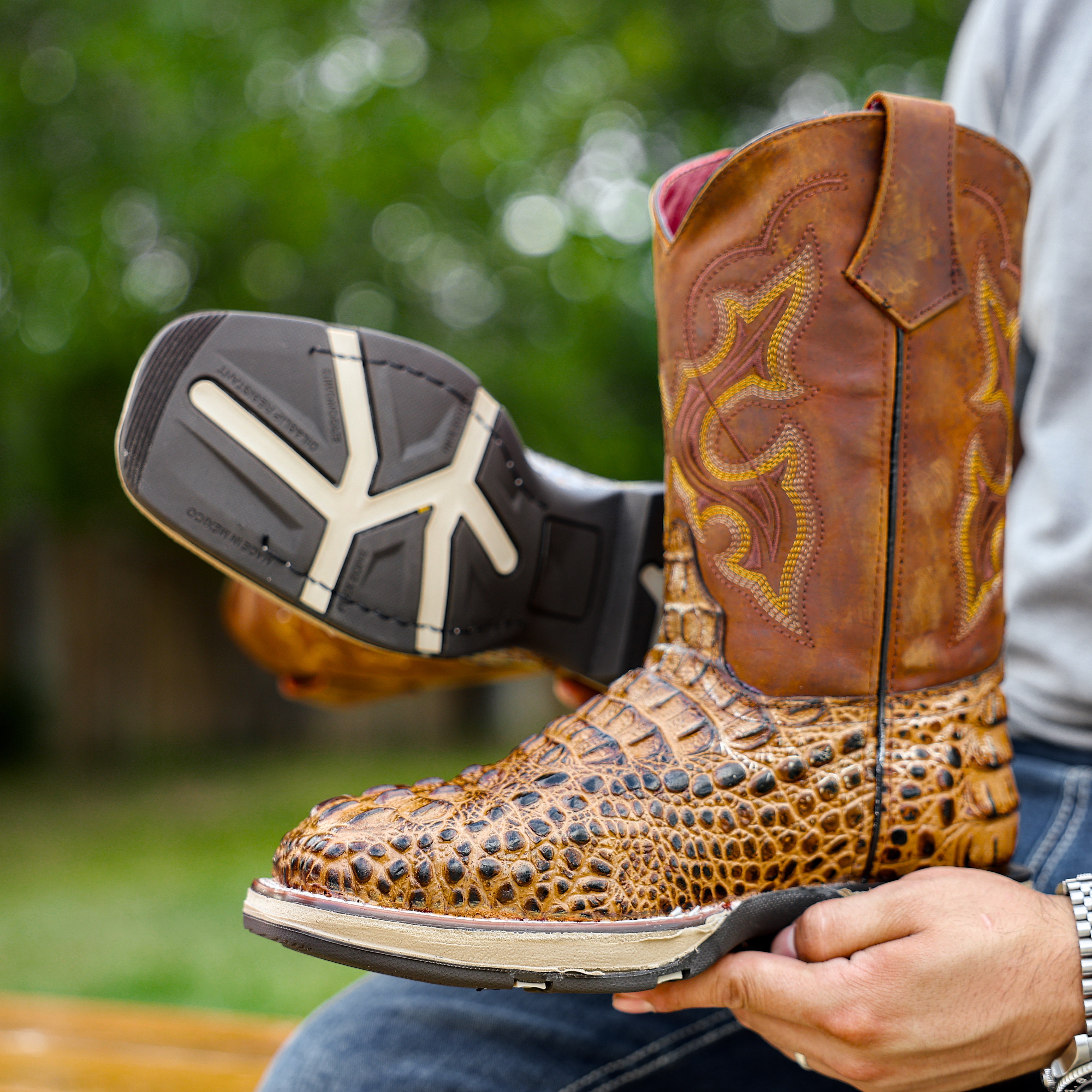 Honey Caiman Neck Leather Boots With 3D Lightweight Sole - Composite Toe