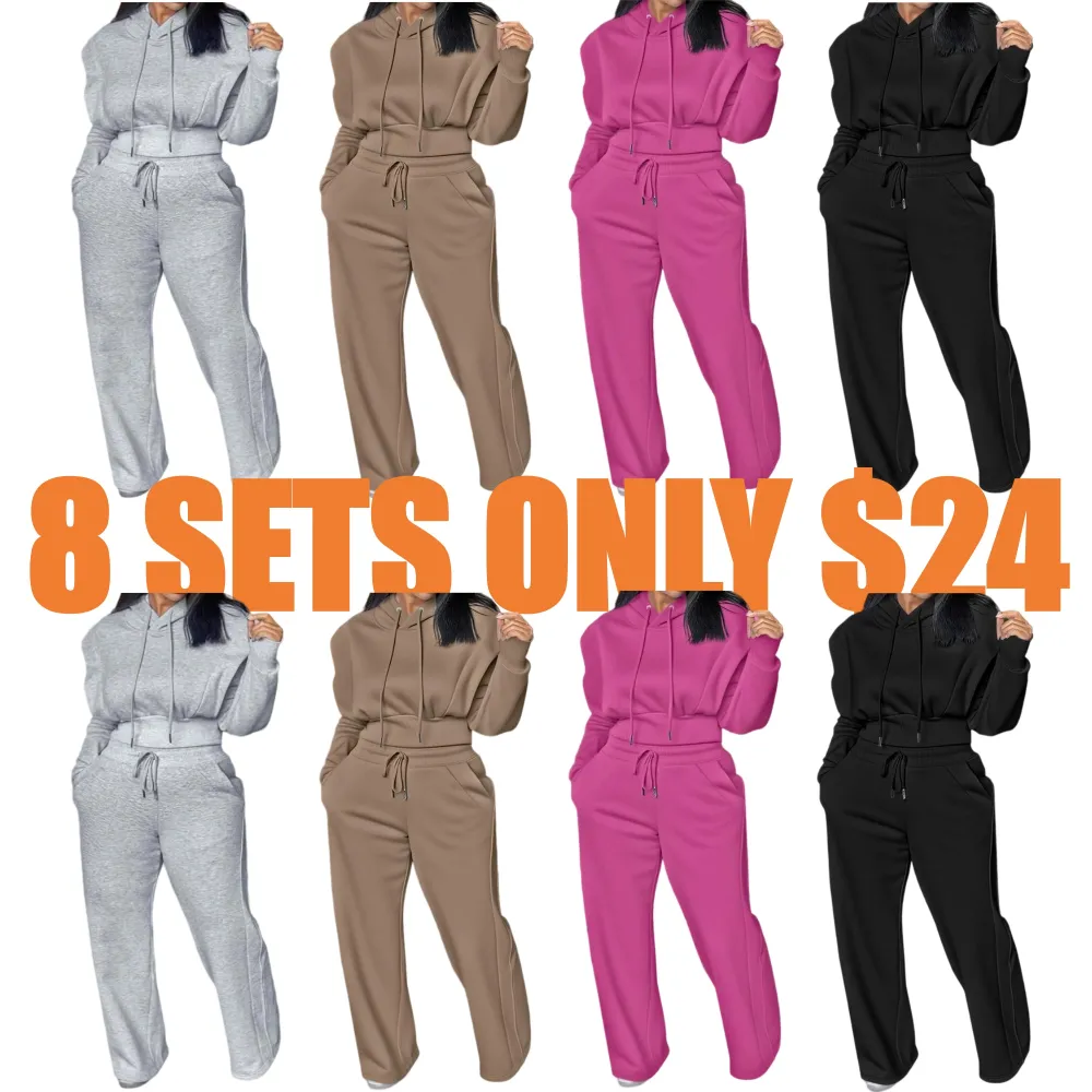 Hooded Long Sleeve Sweatshirt and Casual Wide Leg Sweatpants Set