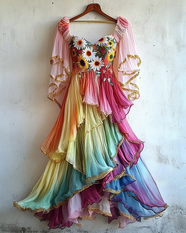 Gilded Ruffled Daisy Embroidery Gradient Irregular Dress cce9