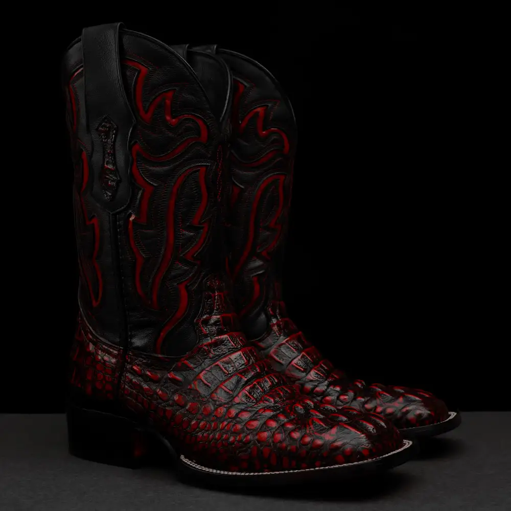 Black/Red Caiman Neck Leather Boots - Square Toe