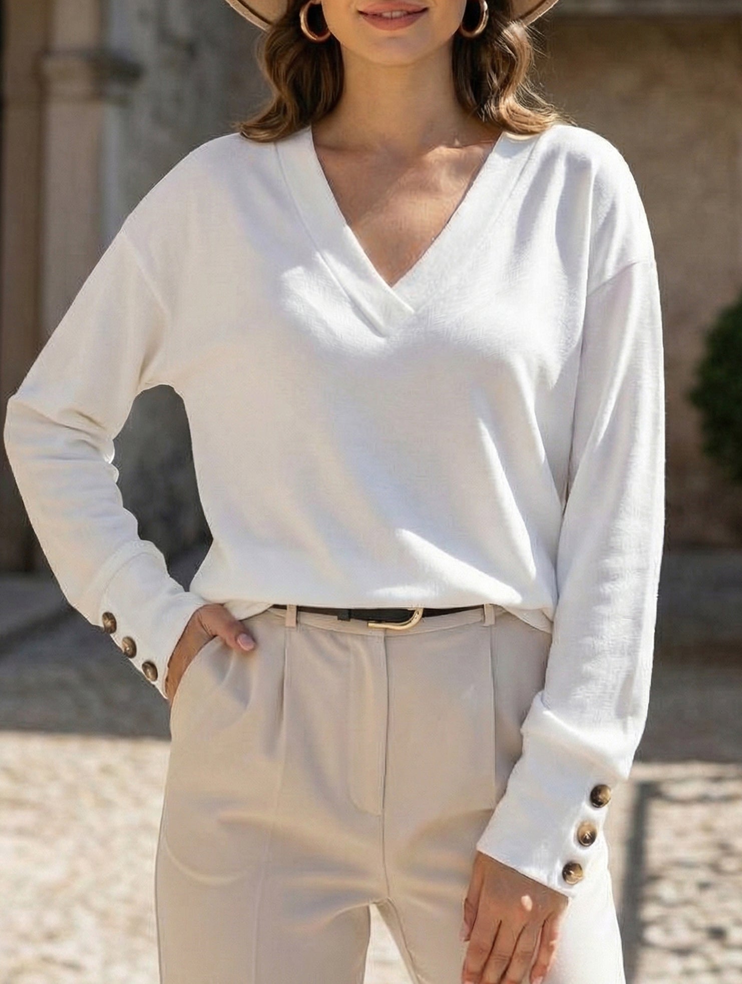 Solid V Neck Button Loose Long Sleeve Tee_CWTTL01231