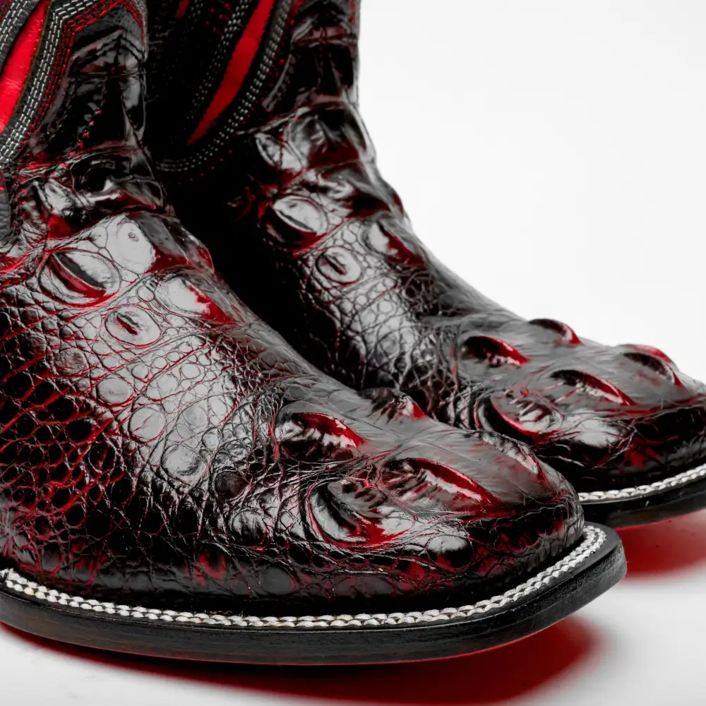 Black Cherry Giant Caiman Neck Leather Boots - Square Toe