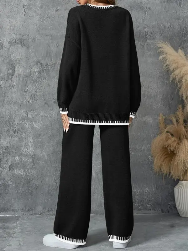 Women's Round Neck Colorblock Sweater Top and Long Sweatpants Set