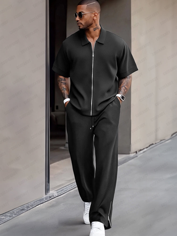 Simple Refined Zipper Design Shirt Set