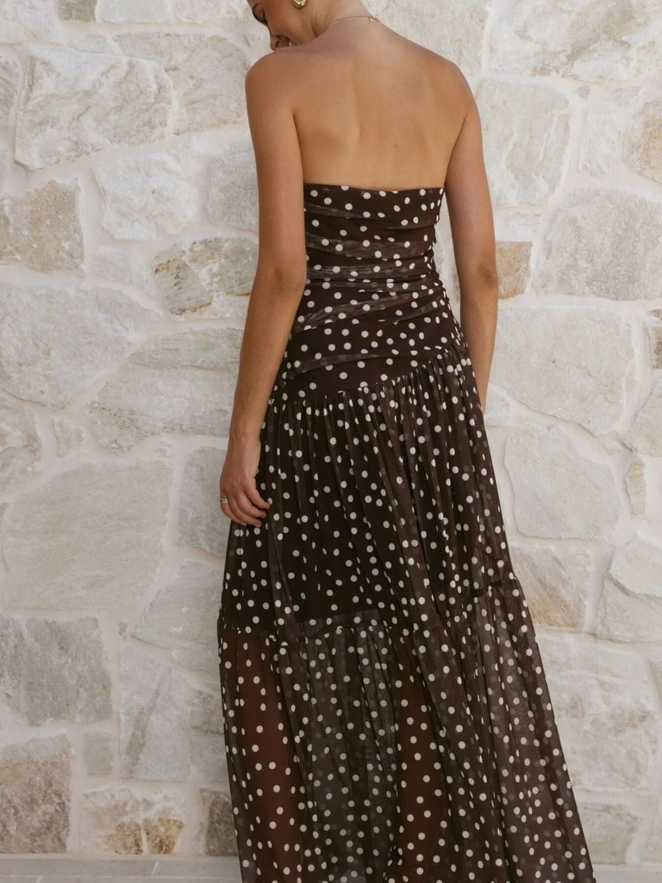 Polka Dot Strapless Ruched Maxi Dress