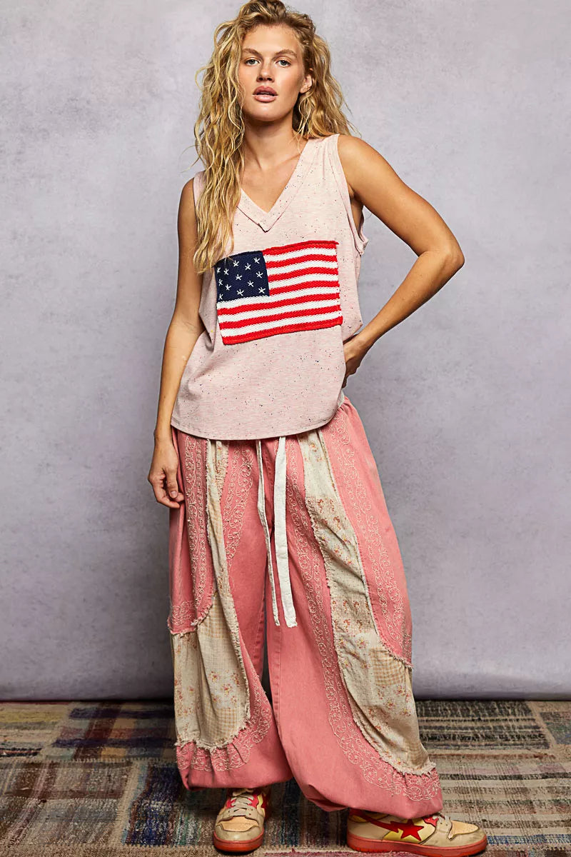 POL V-Neck Ribbed Tank with American Flag Patch and Star Back Patch