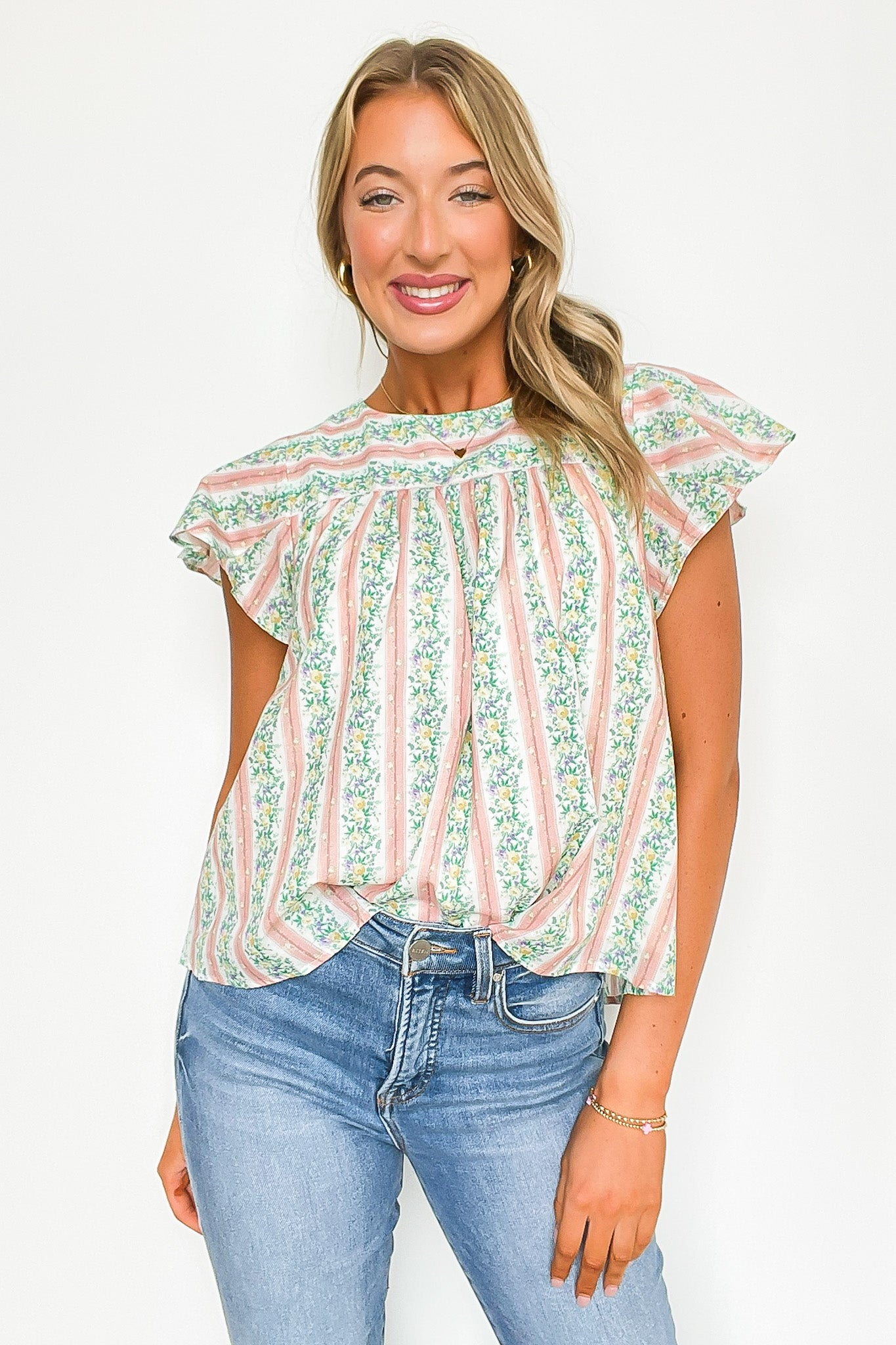 Floral Striped Round Neck Ruffle Sleeves Top