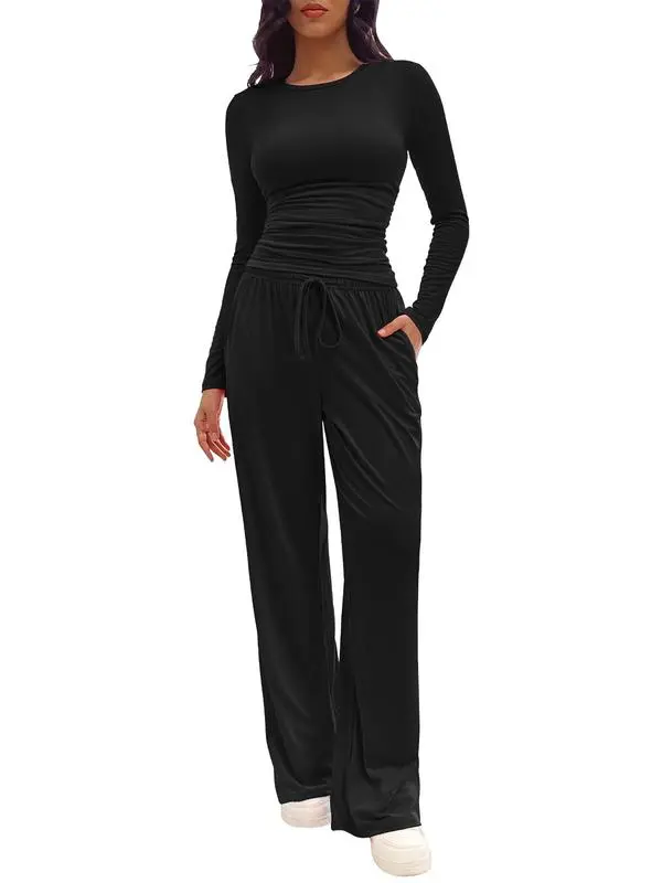 Women's Solid Ruched Tee & Drawstring Pocket Pants Lounge Set